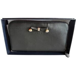 PRADA Saffiano Leather Zip Around Continental Wallet Black Bow New w/ Box
